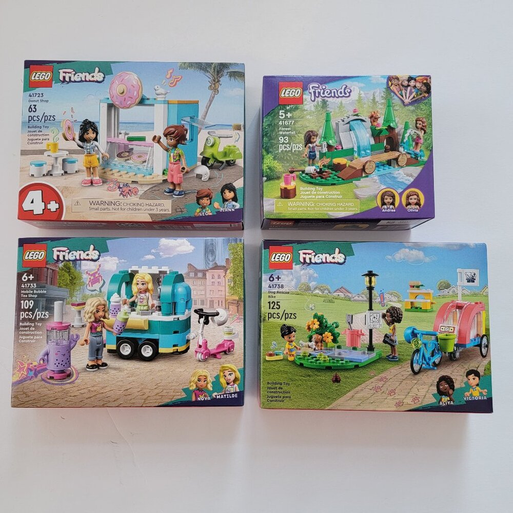 Lego Friends bundle: Bubble Tea, Donut Shop, Dog Rescue Bike,  Forest Waterfall